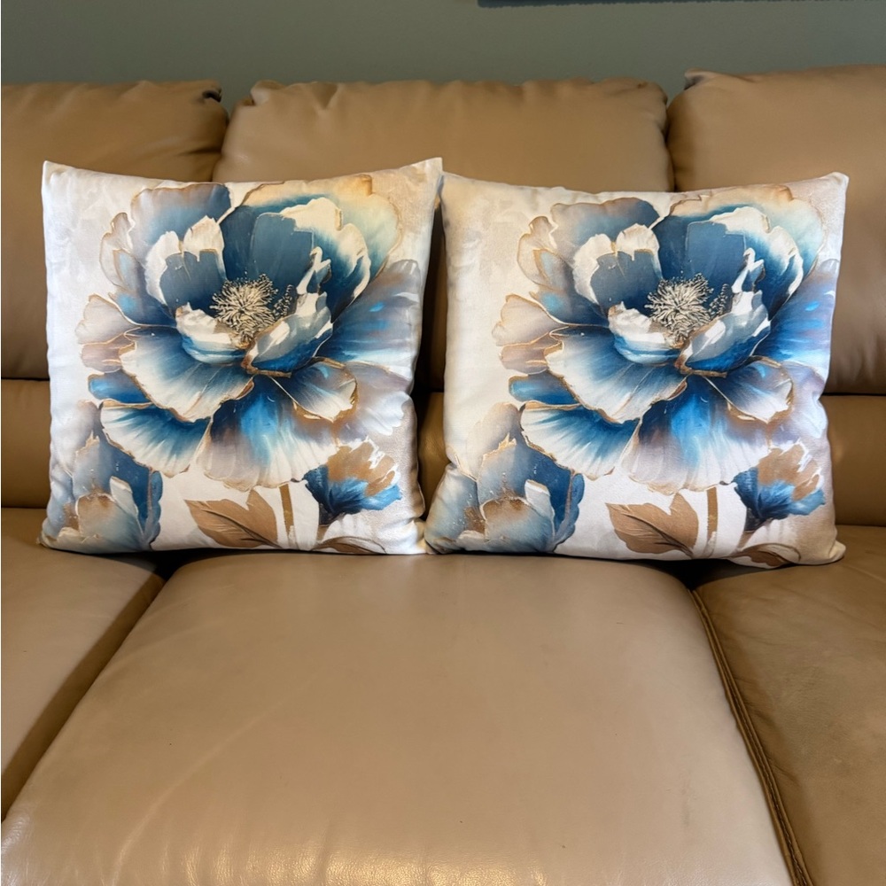 Pillows Set of 2: Blue, Gold & Cream Flower Design (NEW)